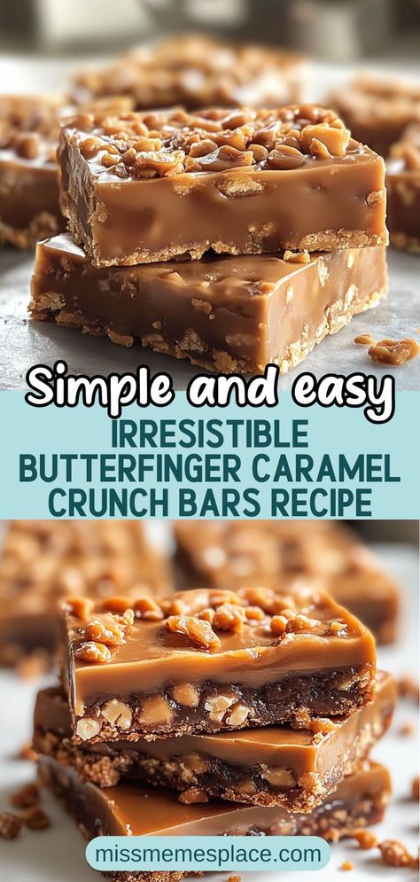 Dive into a world of flavor with these Irresistible Butterfinger Caramel Crunch Bars. This recipe combines rich chocolate, creamy peanut butter, and gooey caramel to create a dessert that is both crunchy and indulgent. Perfect for parties or cozy nights in, these bars are easy to make and impossible to resist. Follow our step-by-step guide to whip up this homemade treat that will satisfy even the sweetest tooth. Enjoy them fresh or store for later—they’re delicious any time! Butterfinger Bars Recipe, Butterfinger Recipes, Butterfinger Bars, Homemade Butterfingers, Crunch Bars Recipe, Chocolate Cereal, Crunch Bars, How To Melt Caramel, Gooey Caramel