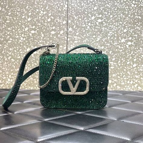 SIZE：18cm Valentino Bag, Crystal Green, Valentino Bags, Crystal Embellishment, Louis Vuitton Twist Bag, Green Bag, Bags Shoes, Valentino Garavani, Tracking Number