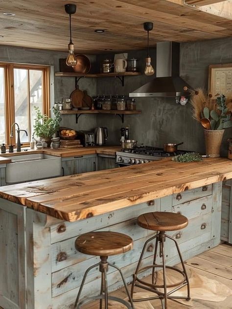 Counter Top Ideas, Rustic Kitchen Island Ideas, Rustic Countertops, Rustic Counter, Kitchen Island Decor, Rustic Kitchen Design, Cabin Kitchens, Kitchen Redo, Counter Tops