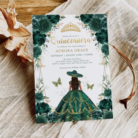 Emerald Green Quinceañera Charro Dress Mis Quince Invitation - tap/click to get yours right now! #Invitation #15th #birthday #party #invite, #fiesta Quinceanera Charro, Emerald Green Quinceanera Theme, Charro Dress, Charro Theme, Green Quinceanera Theme, Roses Crown, Green Quinceanera, Quinceanera Theme, Quinceanera Crown