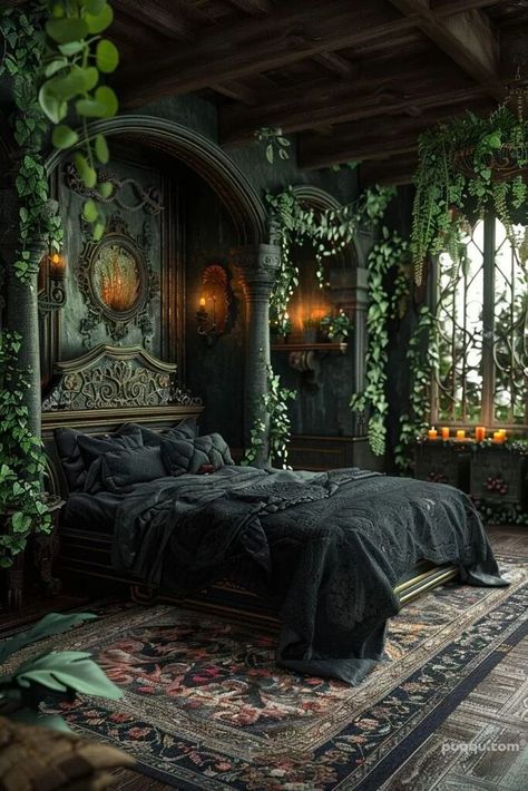 Dark Fairycore Bedroom, Dark Cozy Bedroom Ideas Romantic, Black Themed Bedroom, Green And Black Bedroom, Dark Bedroom Decor, Dark Cozy Bedroom, Dream Bedroom Inspiration, Sophisticated Bedroom, Fantasy Rooms