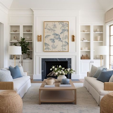 Living Room With Fireplace Inspiration, Living Room Designs With Color, Living Room 2 Couches, Nancy Myers Style Living Room, Modern Classic Decor, White Built Ins Around Fireplace, Sectional And Two Chairs Layout, Windows On Either Side Of Fireplace, Blue Walls Living Room Decor