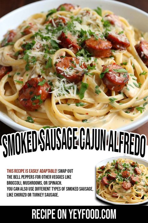 Cajun Andouille Sausage Recipes, Smoked Sausage Alfredo Pasta, Smoked Sausage Pasta Recipes, Smoked Sausage Cajun Alfredo, Kielbasa Alfredo, Cajun Pasta With Sausage, Sausage Alfredo Pasta, Cajun Alfredo, Andouille Sausage Recipes