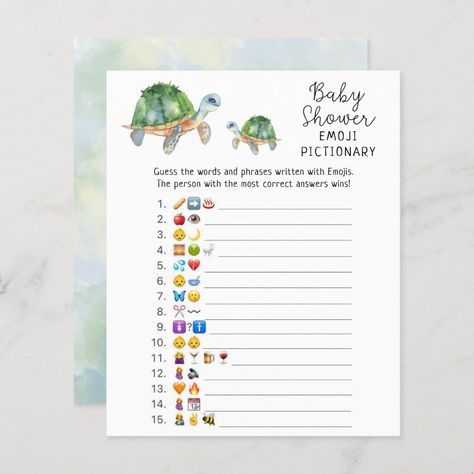 Sea Turtle - Emoji picture game baby shower - sea turtle party gifts Sea Turtle Baby Shower Ideas, Turtle Baby Shower Decorations, Turtle Emoji, Turtle Baby Shower Theme, Sea Turtle Party, Ocean Baby Shower Theme, Turtle Baby Shower, Turtle Baby, Baby Shower Theme Decorations