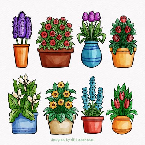 Set of flowers in pot Free Vector Flowers In Pots Drawing, Flower Pot Drawing, Plants Drawing, Vintage Flower Pots, Potted Cactus, Flower Urn, Cactus Drawing, Desain Buklet, Plant Drawing