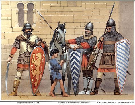 Angus Mc Bride - Guerreros bizantinos - Siglo XIV Byzantine Army, Angus Mcbride, Norman Knight, Eastern Roman Empire, Military Illustration, Medieval Warfare, Warriors Illustration, Century Armor, Historical Warriors