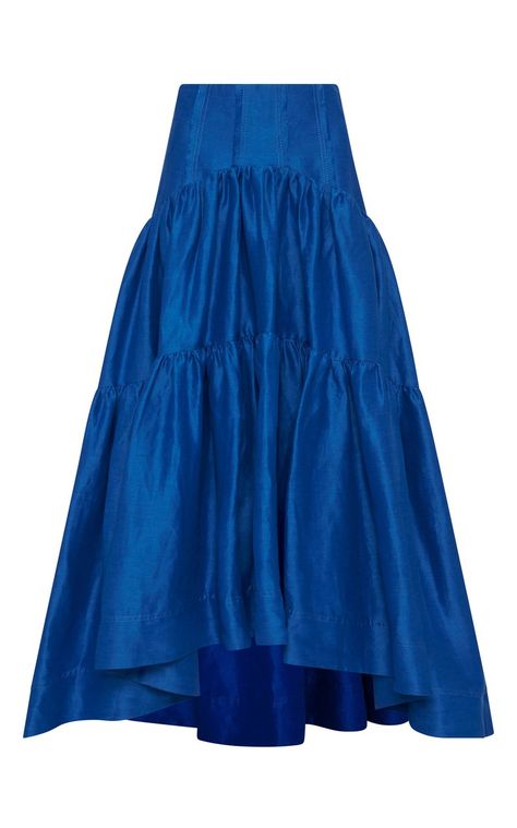 Reverb Gathered Midi Skirt By Aje | Moda Operandi Summer Midi Skirt, Satin Set, Tiered Midi Skirt, Tiered Maxi Skirt, Full Length Skirts, Cult Gaia, Silk Material, Sleek Fashion, Blue Satin