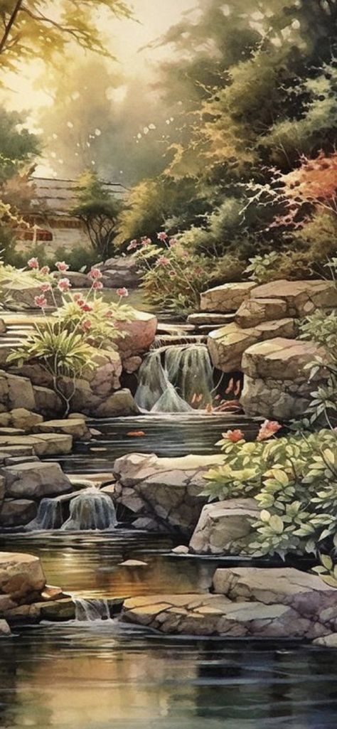 Beautiful Scenery Paintings, Digital Art Software, Peaceful Garden, Waterfall Paintings, Scenery Paintings, Gems Art, Landscape Art Painting, Autumn Scenery, Beautiful Landscape Wallpaper