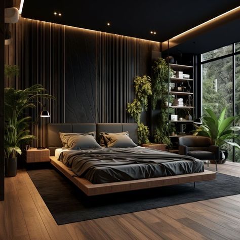 Diy Seng, Dark Modern Bedroom, Modern Luxury Bedroom, Black Bedroom, Modern Bedroom Design, Aesthetic Bedroom, Minimalist Bedroom, Design Case, Luxurious Bedrooms