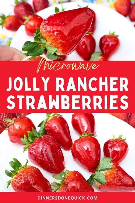 Enjoy a sweet and crunchy delight with my Jolly Rancher strawberries recipe! 🍓✨ Similar to tanghulu, you can experience the magic of candy-coated fruit in just a few simple steps. It's the spring time version of Jolly Rancher grapes! Perfect for satisfying your sweet tooth or impressing guests at your next gathering! #JollyRancher #Strawberries #CandyCoatedFruit Jolly Rancher Melted Candy, Candy Strawberries With Jolly Ranchers, Jolly Rancher Strawberries, Candy Grapes Recipes Jolly Rancher, Strange Desserts, Candy Coated Fruit, Jolly Rancher Grapes, Candied Strawberries Recipe, Jolly Rancher Apples