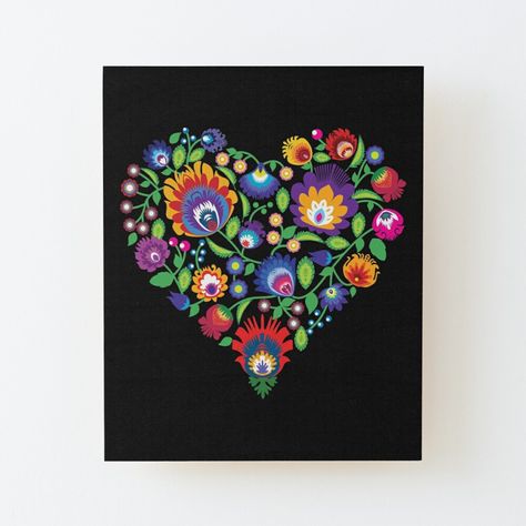 Beautiful heart full of #folklore flowers, inspired by #polishFolklore from #lowicz. Canvas print with #folk motif Get my art printed on awesome products. Support me at Redbubble #RBandME: https://www.redbubble.com/i/wood-print/Folk-Heart-on-black-background-New-by-FK-UK/68527444.EZ4MB?asc=u Folk Art On Black Background, Folk Art Strawberries, Folk Heart Illustration, Black Folk Dresses With Intricate Embroidery, Folk Art Multi Surface Paint, Polish Folk Art, Folk Art Painting, Beautiful Heart, Indian Art