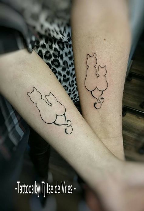 Mama Cat And Kitten Tattoo, Twin Cat Tattoo, Cat Mother Daughter Tattoos, Mom And Daughter Cat Tattoos, 2 Cat Tattoo, 2 Cats Tattoo, Mom And Daughter Tattoos Unique, Thanksgiving Crafts For Toddlers, Trending Tattoo