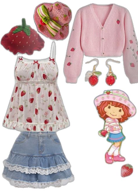 I found all this stuff on ROMWE if you’re looking for it! Strawberry Shortcake Shirt Outfit, Strawberry Shortcake Outfit Ideas, Strawberry Shortcake Character Inspired Outfits, Strawberry Girl Outfit, Strawberry Themed Outfit, Strawberry Inspired Outfit, Strawberry Shortcake Dress To Impress, Strawberry Shortcake Inspired Outfit, Strawberry Shortcake Clothes