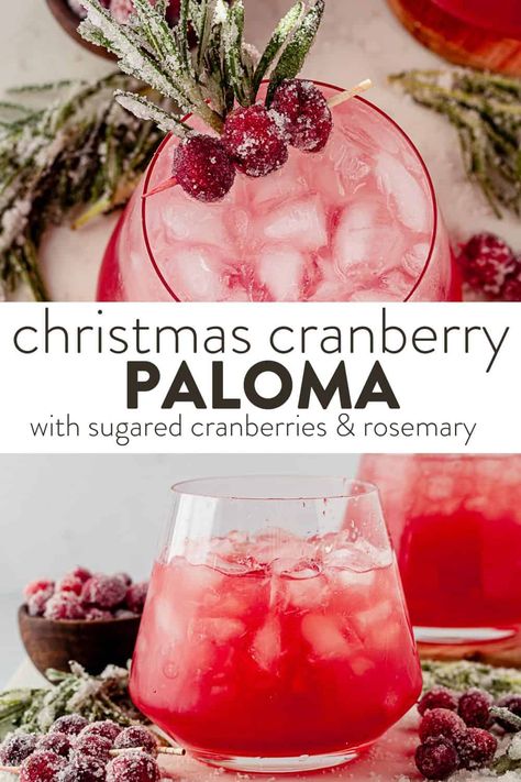 This crimson-red Cranberry Christmas Paloma is a festive and flavorful cocktail that puts a holiday twist on the traditional Paloma. If you're looking for the best tequila cocktail for a holiday party, this is it. Christmas Party Batch Cocktails, Holiday Paloma Cocktail, Cranberry Paloma Cocktail Tequila, Christmas Drinks Cranberry, Winter Paloma Cocktail, Christmas Cocktails Recipes Tequila, Christmas Paloma Cocktail, Fun Holiday Drinks Christmas Cocktails, Cranberry Mules Cocktail Recipes