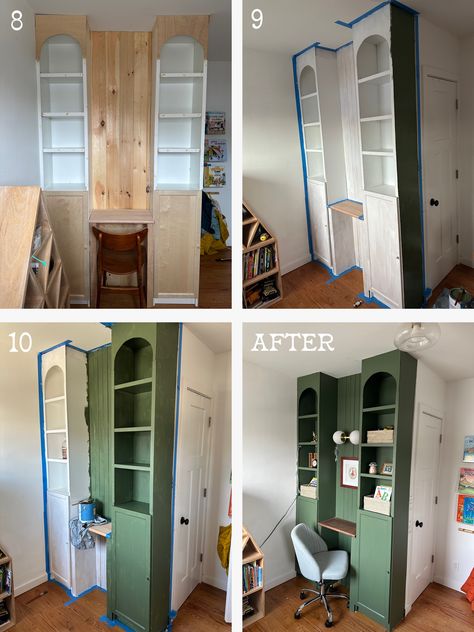 Ikea Desk Bookcase, Small Billy Bookcase Hack, Billy Bookcase Bedroom, Billy Bookcase Desk, Bookcase Closet Diy, Diy Desk With Storage, Ikea Hack Bookcase, Billy Bookcase With Doors, Bookcase Closet