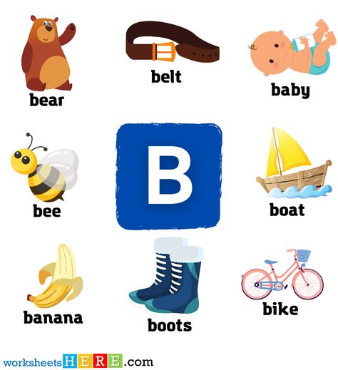 Start with Letter B Words with Pictures, Alphabets B Vocabulary with Pictures - WorksheetsHere.com Words That Start With B, B Photo Letter, Letter B Pictures, B Words List, Letter B Books, Names Beginning With B, Picture Table, Words List, B Words