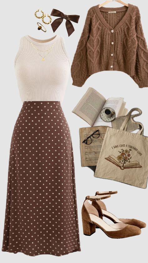 Light Academia Outfit Modest, Brown Top Outfit Ideas, Light Acadamia Skirts, Cottagecore Outfits Brown, Brown Cottagecore Aesthetic Outfits, Light Academia Long Skirt Outfit, Romantic Academia Aesthetic Outfit, Cute Church Outfits, Modest Girly Outfits