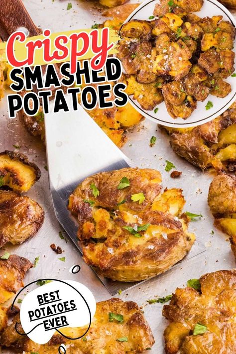 You’ll go crazy for these Crispy Smashed Potatoes! Crisp on the outside, creamy in the middle, packed with a delicious garlic herb flavor. The perfect side dish or snack! #sidedish #potatoe #crispy Smashed Potatoes Baked, Garlic Smashed Potatoes, Smashed Potatoes Recipe, Crispy Smashed Potatoes, Smashed Potatoes, Potato Skins, Potato Recipe, Herb Butter, Potatoes Recipe