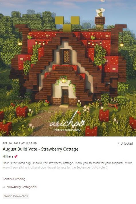 Strawberry Cottage, Case Minecraft, Cottagecore Minecraft, Rumah Minecraft Sederhana, Minecraft House Plans, Easy Minecraft Houses, Minecraft House Tutorials, Minecraft Cottage, Mc Builds