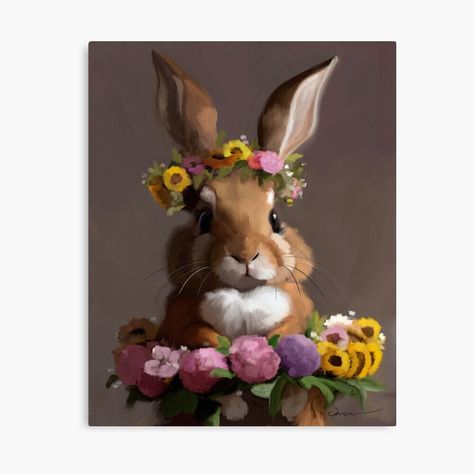 Bunny With Flower Crown, Painting Bunny, Bunny Rabbit Art, Rabbit Artwork, Sparrow Art, Kawaii Cloud, Bunny Flower, Bunny Painting, Whimsical Wall Art