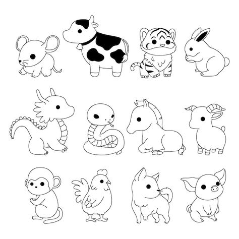 Vector chinese year animal zodiac line a... | Premium Vector #Freepik #vector Cute Chinese Zodiac Animals, Chinese Zodiac Signs Art, Zodiac Line Art, Chinese Zodiac Tattoo, Zodiac Signs Colors, Chinese Zodiac Tiger, Animal Zodiac, Chinese Year, Zodiac Tattoo