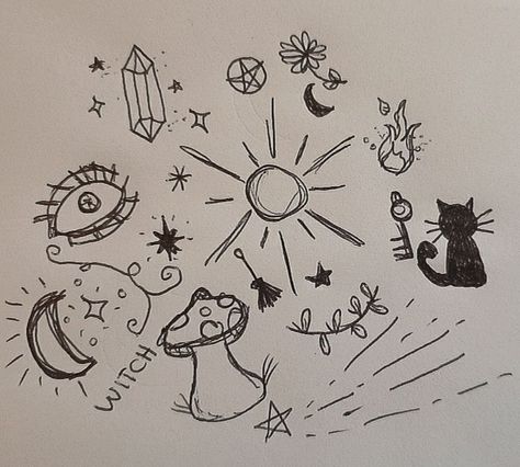 Cottagecore Doodles Easy, Witchy Doodles Simple, Witchy Sketchbook, Cottage Core Doodles, Spiritual Doodles, Witchy Drawings Simple, Witchy Sketches, Witch Doodles, Fantasy Doodles