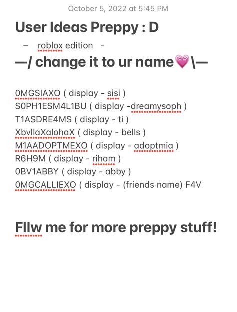 Cute Preppy Roblox Display Names, Preppy Roblox Usernames Ideas, Preppy Roblox Names, Display Name Ideas Roblox Girl, Preppy Tiktok Usernames, Preppy Display Names Roblox Ideas, Preppy Names For Tiktok, Preppy Roblox Display Names, Preppy Usernames For Tiktok