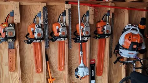 How to Store a Chainsaw So It Doesn’t Leak Oil Chainsaw Truck Storage, Diy Chainsaw Holder, Chainsaw Holder For Garage, Chain Saw Storage Ideas, Storing Chainsaws, Chainsaw Storage Box Diy, Backpack Blower Storage, Chain Saw Storage, Chainsaw Storage Ideas