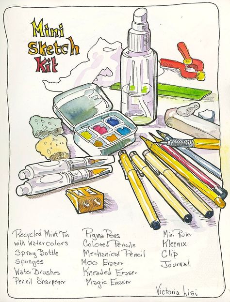 Victoria Lisi. Journal Kit. I have several of these little kits which I am constantly changing and updating. … | Travel art kit, Watercolor art journal, Art kit Ideas Watercolor, Travel Art Kit, Watercolor Art Journal, Travel Sketchbook, Sketch Journal, Journal Travel, Watercolor Kit, Watercolor Journal, Travel Sketches