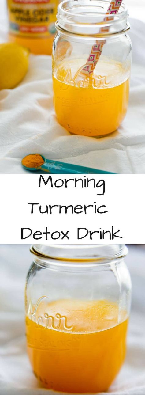 Morning Turmeric Detox Drink with apple cider vinegar, maple syrup and a pinch of cayenne. Lots of health benefits in this elixir to kickstart your day! Turmeric Detox Drink, Healthy Detox Cleanse, Body Detox Cleanse, Veggie Juice, Turmeric Water, Full Body Detox, Detox Waters, Natural Colon Cleanse, Detox Drinks Recipes