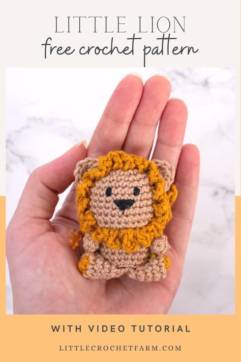 Little lion amigurumi free pattern with video tutorial! One more little crochet animal is available on littlecrochetfarm.com Easy crochet pattern to follow, great for amigurumi beginners! Super fast to crochet! Start and finish your crochet lion today! Small Crochet Lion Pattern Free, Crochet Lion Keychain Free Pattern, Crochet Lion Amigurumi, Crochet Lion Pattern Free Easy, Mini Lion Crochet Pattern Free, Crochet Pocket Amigurumi Free Pattern, Crochet Lion Keychain, Free Lion Crochet Pattern, Crochet Lion Pattern Free