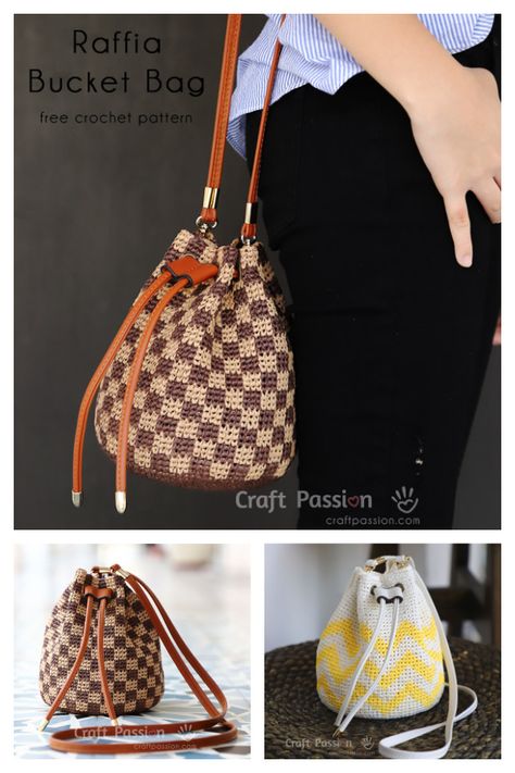 Raffia Bucket Bag, Bucket Bag Pattern, Sac Louis Vuitton, Free Crochet Bag, Crochet Shell Stitch, Crochet Bag Pattern Free, Bag Pattern Free, Crochet Bucket, Diy Bags