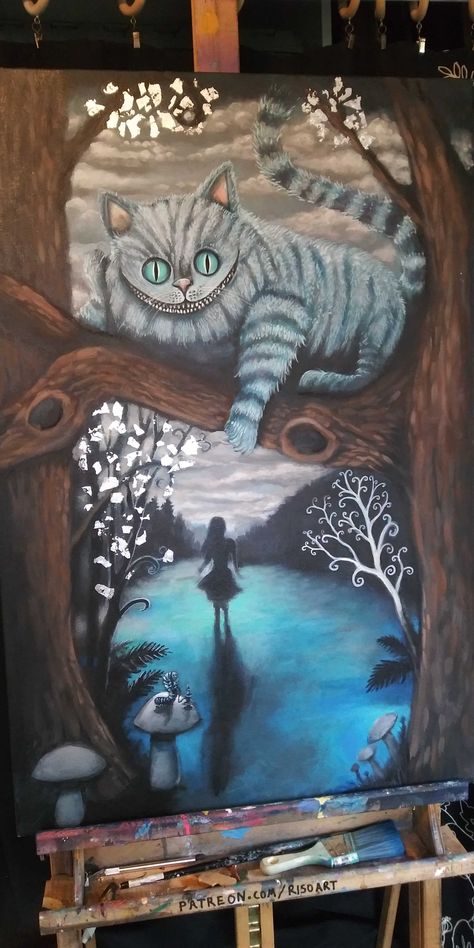 Finishing up this Alice in Wonderland commissioned painting.  It's headed to Colorado. Painting Ideas Alice In Wonderland, Tim Burton Artwork, Alice In Wonderland Painting, Wonderland Painting, Alice In Wonderland Paintings, Hole Drawing, Commission Painting, Art Theme, Painting Art Projects