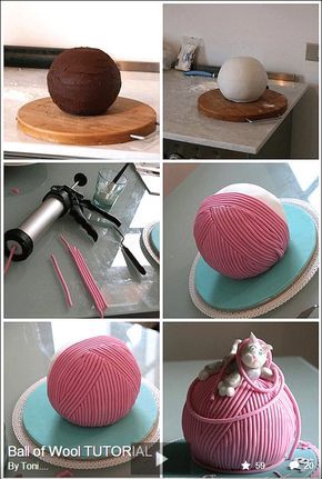 Ball of wool tutorial. http://www.flickr.com/photos/toni-italy/4388625191/in/faves-58907930@N04/lightbox/ Knitting Cake, Fondant Tutorial, Yarn Cake, Crazy Cakes, Cat Cake, Novelty Cakes, Cake Decorating Tutorials, Cake Tutorial, Fancy Cakes