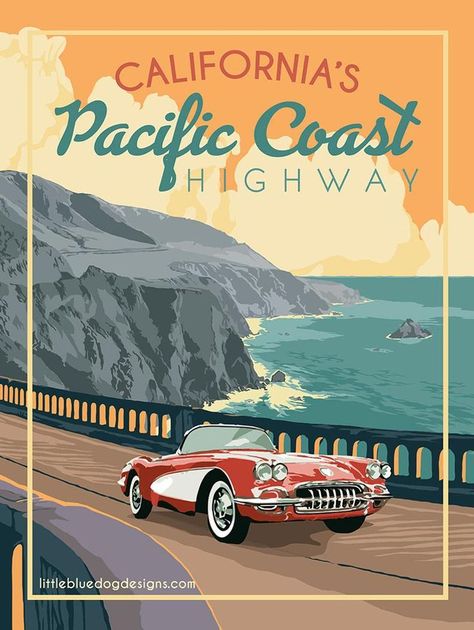 Classic Corvette, classic view Travel Posters Vintage, Vintage Travel Wedding, Posters Photography, Vintage Travel Themes, Spot Illustration, Photography Minimalist, California Poster, Travel Vintage, Vintage Poster Design