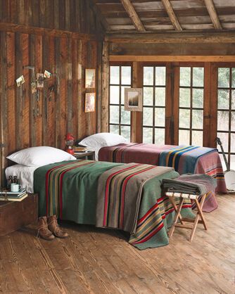 YAKIMA CAMP BLANKET | Pendleton Camp Blanket, Cabin Bedroom, Cabin Interiors, Cabin Living, Log Cabin Homes, Lodge Decor, Camping Blanket, Cabin Style, Cabin In The Woods