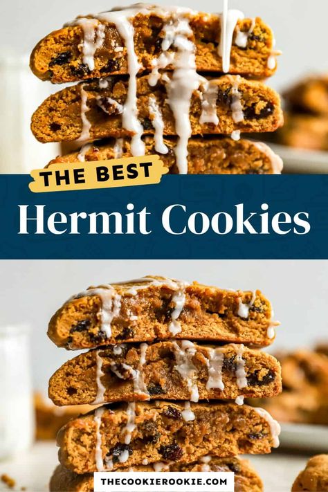 The best hermit cookies. Hermit Bars Recipes, Hermit Cookies Old Fashioned, Hermit Bars, Hermit Cookies, Molasses Cookies Recipe, The Cookie Rookie, Homemade Recipes Dessert, Cookie Rookie, Spiced Pear