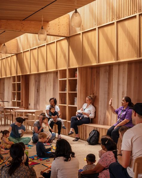 Studio Weave adds wood-lined community space to Lea Bridge Library Library Pavilion, Community Space Design, London Library, Precast Concrete Panels, Studio Weave, Laminated Veneer Lumber, Co Housing, Timber Battens, Community Library