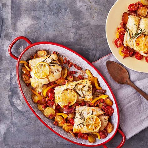 Spanish Chorizo and Cod Bake Recipe | Recipes from Ocado Spanish Chorizo, Chorizo Recipes, Tray Bake Recipes, Bake Recipes, Dutch Oven Recipes, Online Delivery, Baked Fish, Online Supermarket, Tomato Recipes