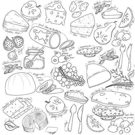 Charcuterie Line Drawing, Charcuterie Drawing, Charcuterie Board Sketch, Cheese Platter Illustration, Charcuterie Board Illustration, Charcuterie Illustration, Charcuterie Board Drawing, Cheese Drawing, Sketch Background