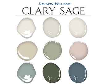 Sherwin Williams Clary Sage Palette Sage Green Color Palette - Etsy Sage Green Bedroom Paint & Paint Tools, Paint Colors Sage Green, Colors That Go With Sage Green, Sherwin Williams Clary Sage, Color Palette Coastal, Sage Palette, Whole House Paint Colors, Sage Green Color Palette, Sage Paint