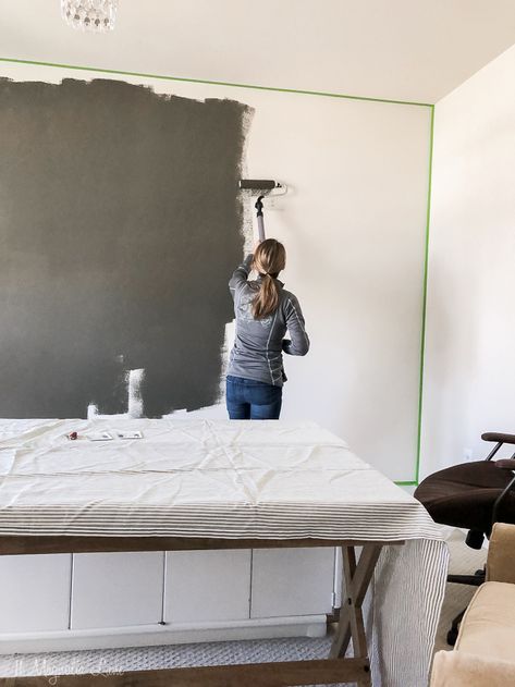 Gray Accent Wall Dining Room, Sw Urbane Bronze, Masculine Home, Masculine Home Office, Urbane Bronze, Girly Office, Grey Accent Wall, Black Accent Walls, Wall Painting Techniques