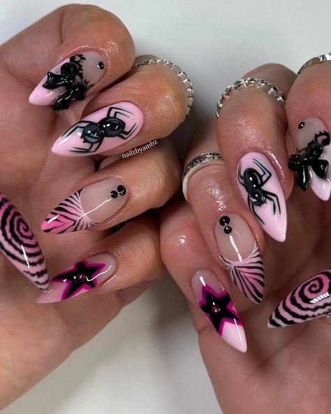 🕷️💓 fave color combo • @functionofvex (code AMBZ10) - aura melt (passion) - angled pigment brush - black void • #fallnails #halloweennails #nailinspo #aznailtech #gelxnails #gelxinspo #3Dnails #explore #explorepage Alt Almond Nails, Black And Pink Aura Nails, Halloween Nails Pink And Black, Hit Me Hard And Soft Nails, Black Pink Nails Designs, Pink And Black Stiletto Nails, Pink Nails Halloween, Cute Matching Nails, Matching Nail Ideas