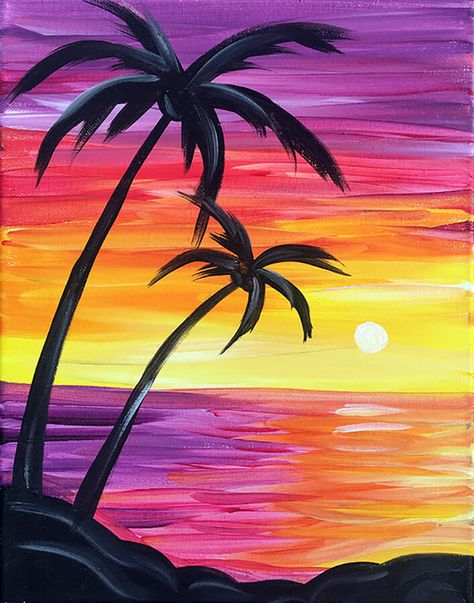 Beachy Paintings, Beach Sunset Painting, Art Sherpa, Easy Landscape Paintings, Abstract Wall Art Painting, Sunset Artwork, Acrylic Painting Ideas, Palm Trees Painting, Canvas Art Projects