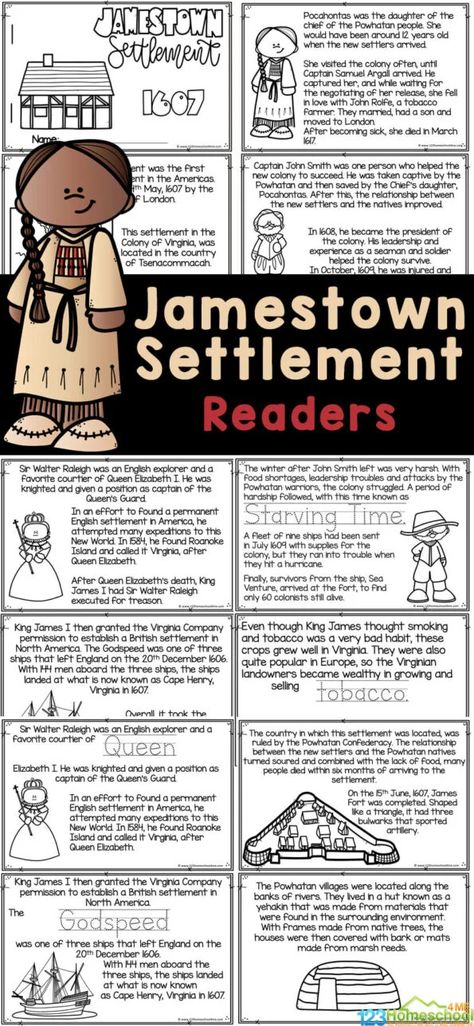 This free printable Jamestown for Kids reader is a great way to learn facts about Jamestown, the first permament settlement in America while work on reading skills. This Jamestown printable allows kids to step back to the history of United States of America and learn about Jamestown va history including Captain John Smith, Powhatan native Americans, Pocahontas, and early settlers. Simply print Jamestown coloring pages for pre-k, kindergarten, first grade, 2nd grade, 3rd grade, 4th grade, and 5th Jamestown Activities, Sandwich Book, Jamestown Va, Kids Printable Activities, History Lessons For Kids, History Printables, History Worksheets, Letter Find, Book To Read