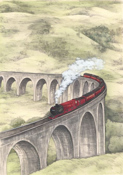 Hogwarts Express illustration by Natasha Gardos #hogwarts #harrypotter #childrensbooks #childrensillustrations Hogwarts Train Painting, Harry Potter Viaduct, Hogwarts Express Illustration, Hogwarts Express Painting, Hogwarts Express Train Drawing, Harry Potter Train Drawing, Hogwarts Train Drawing, Hogwarts Art Draw, Hogwarts Express Drawing