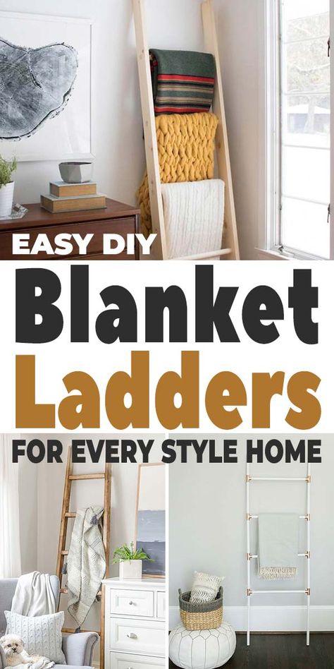 Easy DIY Blanket Ladders for Every Style Home • The Budget Decorator Blanket Ladder Ideas, Easy Diy Blanket, Rustic Blanket Ladder, Wooden Blanket Ladder, Blanket Ladders, Diy Blanket, Rustic Blankets, Diy Blanket Ladder, Diy Ladder