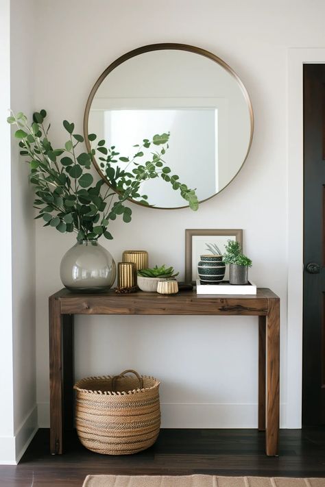 Wooden Entry Way Table, Entryway For Apartment, House Entryway Decor, Entry Nook Decor, Modern Farmhouse Small Entryway, Modern Townhome Decor, Simple Buffet Decor, Small Entry Table With Mirror, Entryway Console Decor Ideas