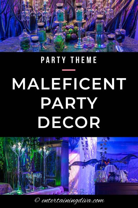 Maleficent Cake, Halloween Scene Setters, Halloween Candy Buffet, Disney Villain Party, Maleficent Party, Maleficent Halloween, Green Christmas Lights, Villains Party, Halloween Party Drinks