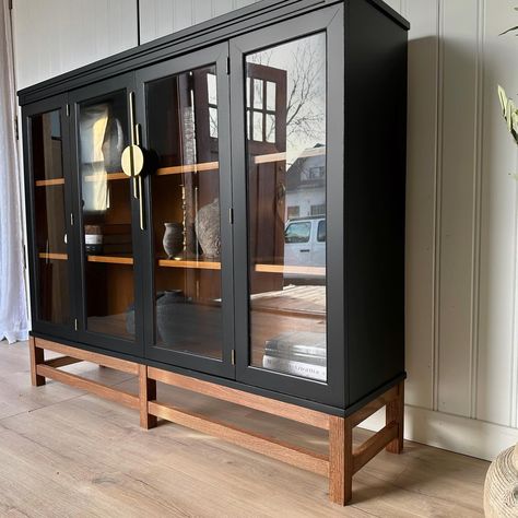 Hutch Top, Display Cabinet Makeover, Hutch Top Repurposed Ideas, China Hutch Redo, Black Hutch Glass Doors, Modern China Cabinet Black, Black And Wood Glass Cabinet, Modern Rustic Black China Cabinet, Refurbished Buffet Cabinet China Cabinets & Hutches